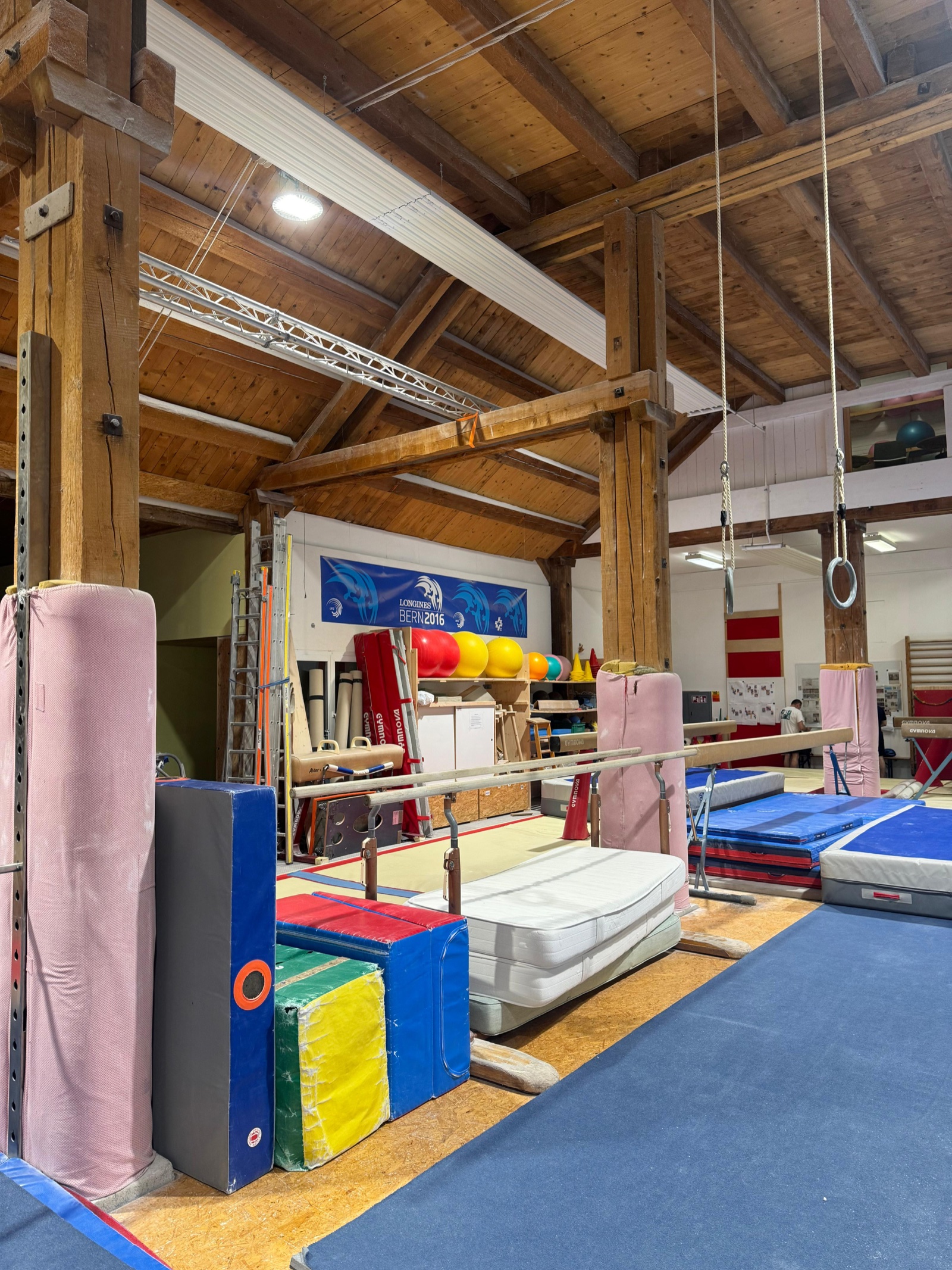 Ringe unter dem Holzdachstuhl der Emmenhalle